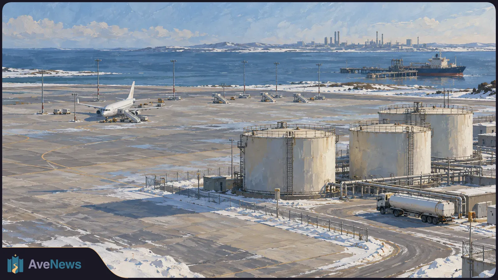 Snow-dusted airport apron with a white passenger jet, fuel tanks and a tanker truck. A ship and an industrial shoreline appear across the water. SI illustration