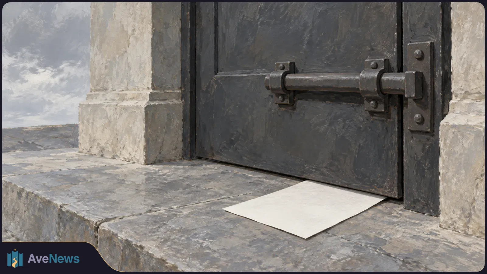 Painterly close-up of a dark door secured with a metal bolt. A blank white sheet lies partly beneath it on the stone doorstep. SI illustration