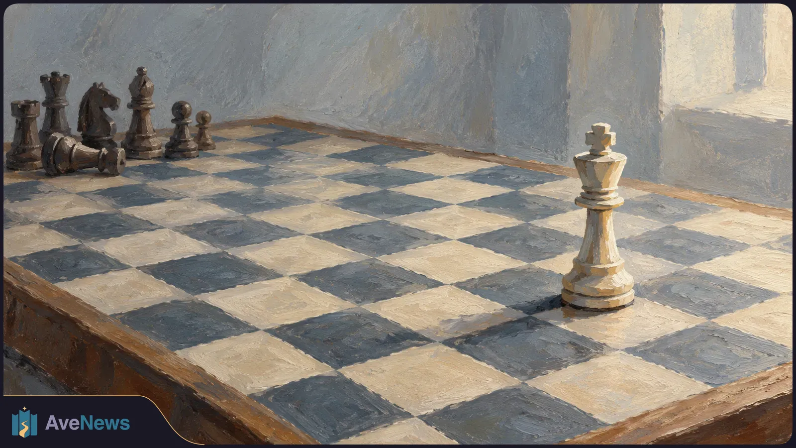 Painterly chessboard with a white king in the foreground and several black pieces, including one lying on its side, near the far edge. SI illustration