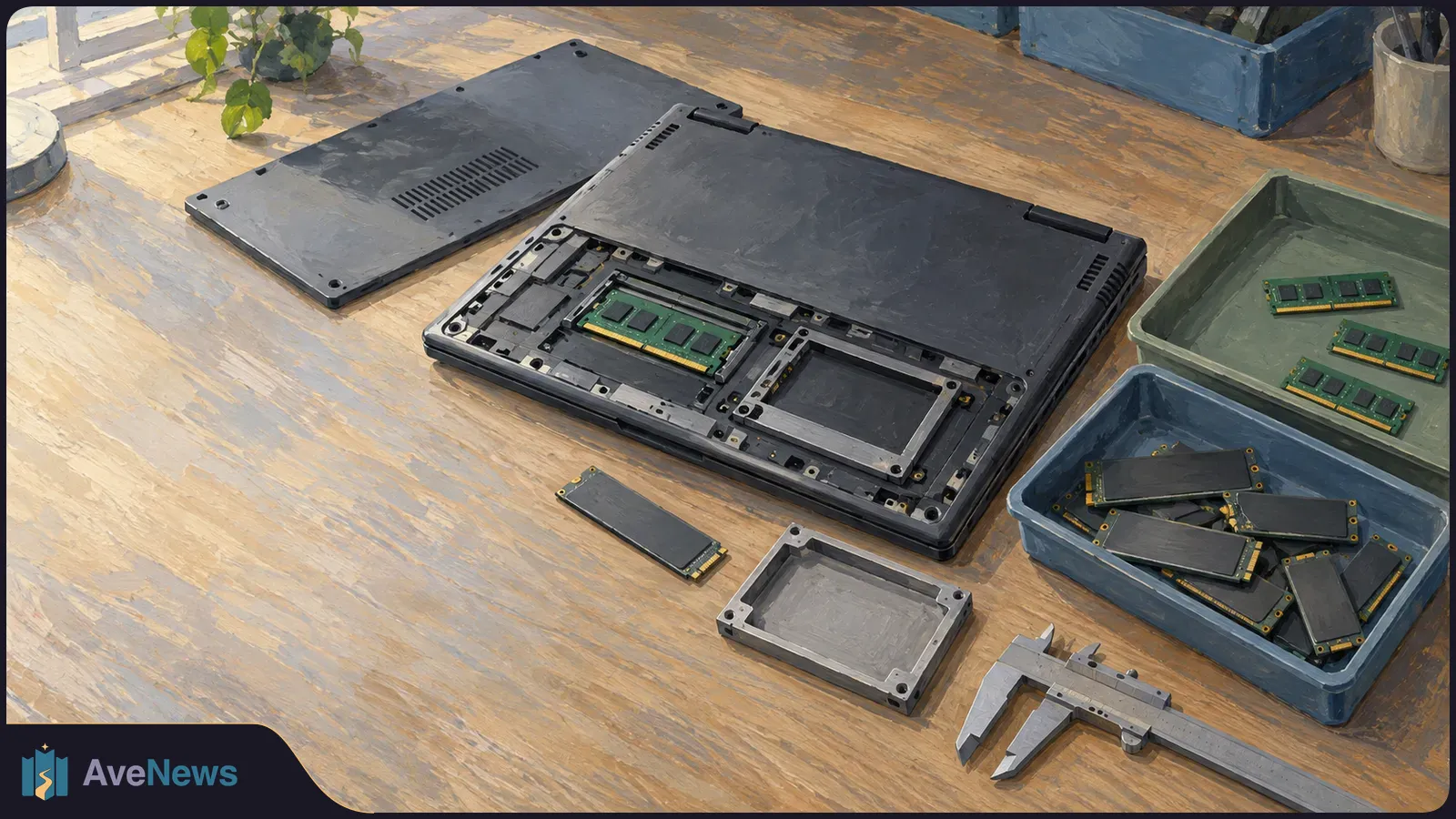 Painted view of an open laptop underside on a wooden workbench, with memory modules, storage drives and a caliper laid out beside it. SI illustration