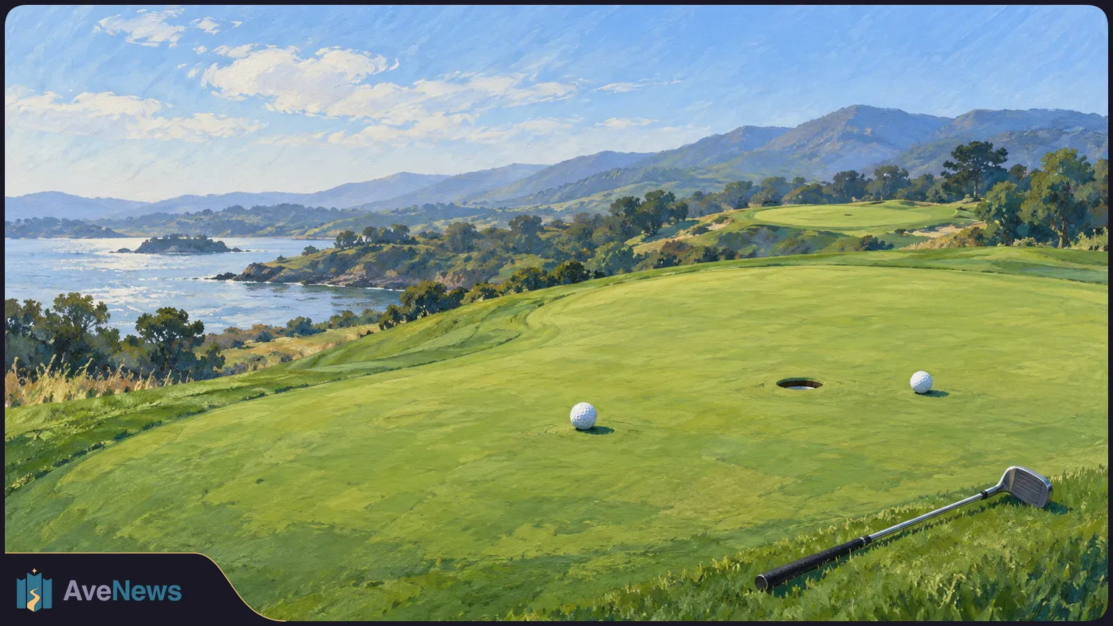 Painted coastal golf green with two balls near a hole and a club resting in the foreground; hills and water stretch into the distance. SI illustration