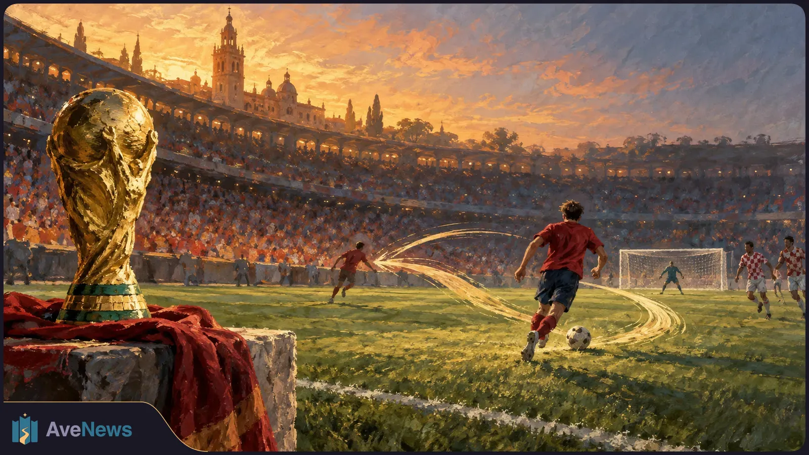 Painted football scene: a golden trophy beside the pitch, a red-shirted player dribbling toward goal, and a packed stadium at sunset. SI illustration