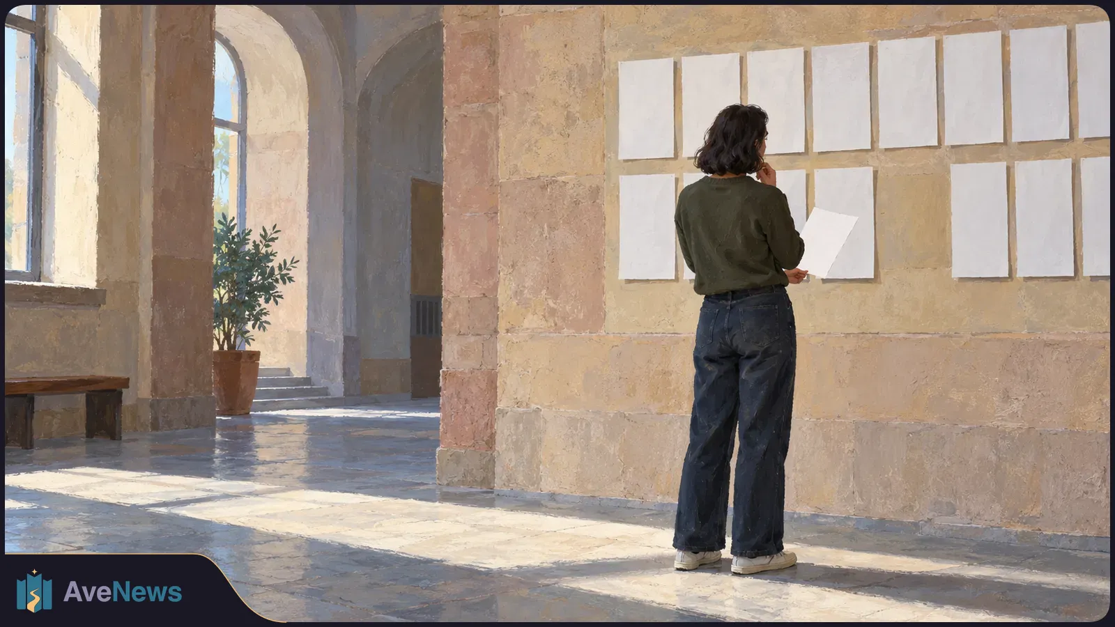 A woman holding a sheet of paper stands before rows of blank pages on a stone wall in a sunlit hall. SI illustration