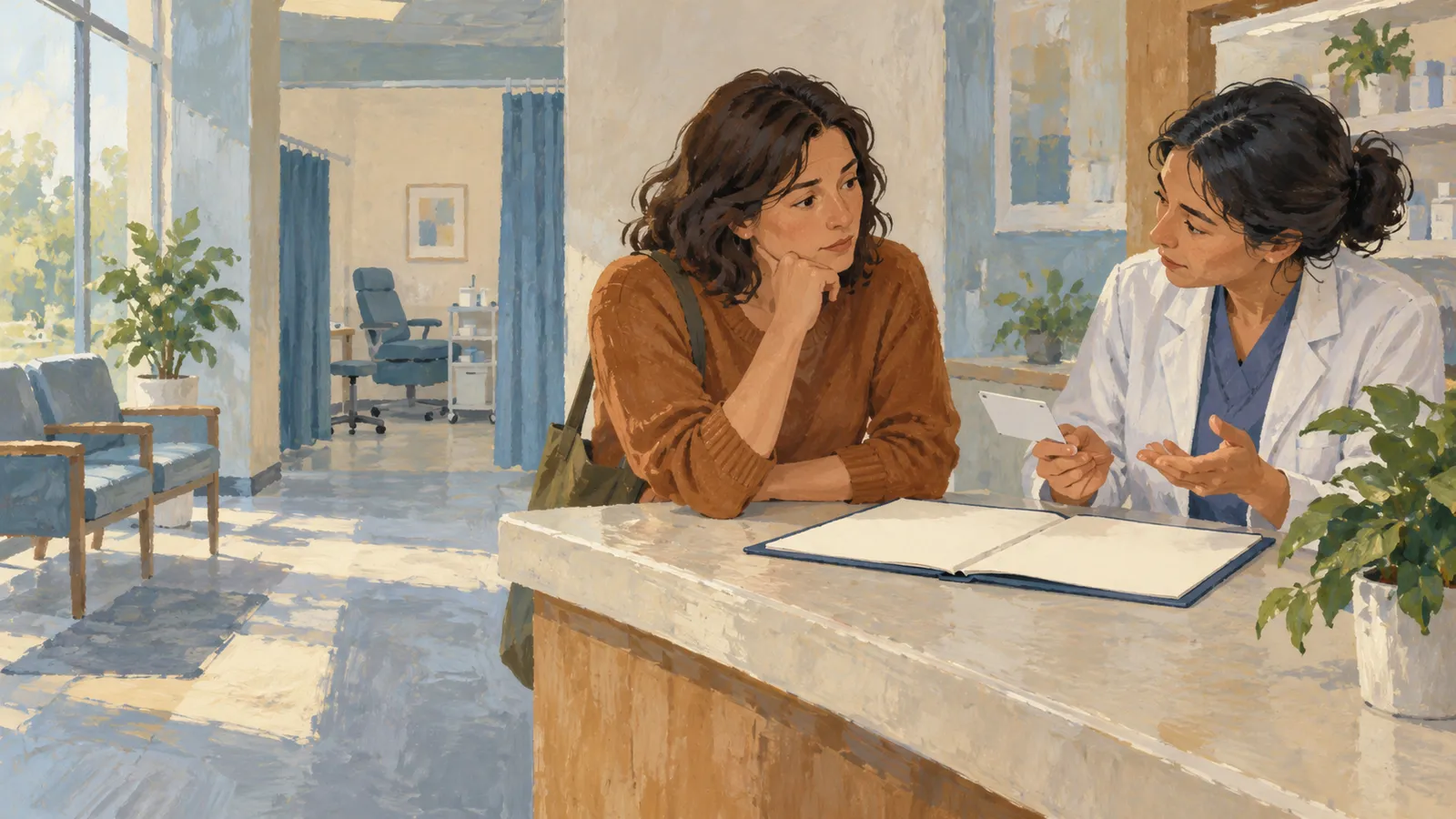 A woman leans on a clinic counter as a clinician in a white coat gestures with a small card beside an open binder. SI illustration