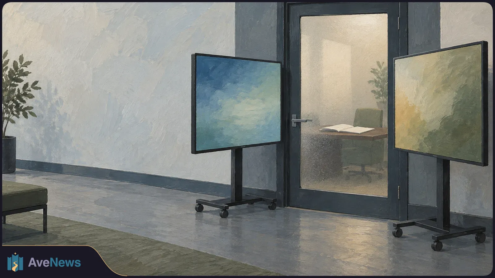 Painted office hallway with two blank screens on wheeled stands flanking a frosted-glass door; an open book rests on a desk beyond it. SI illustration