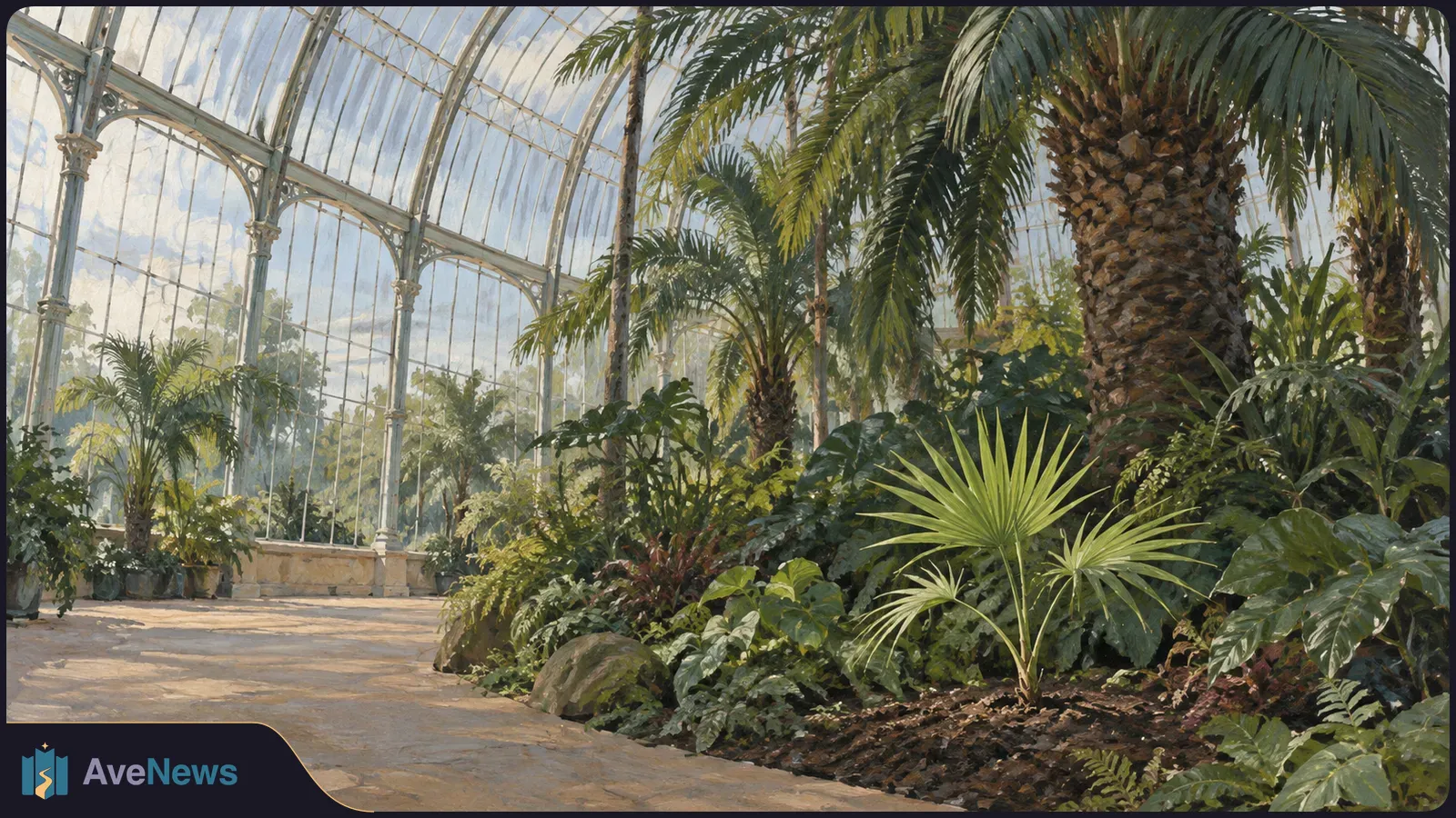 A small fan palm grows among mature palms and dense foliage inside a glass-roofed conservatory, beside a stone path. SI illustration