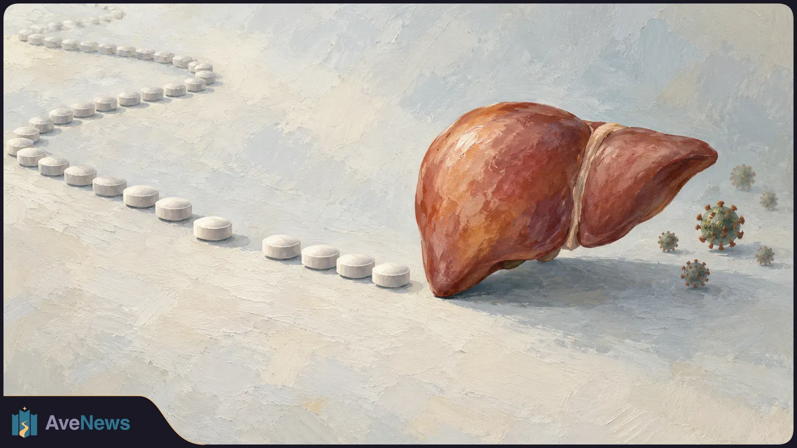 A painted illustration of a liver beside several virus-like particles, with a winding line of white tablets stretching across a pale background. SI illustration