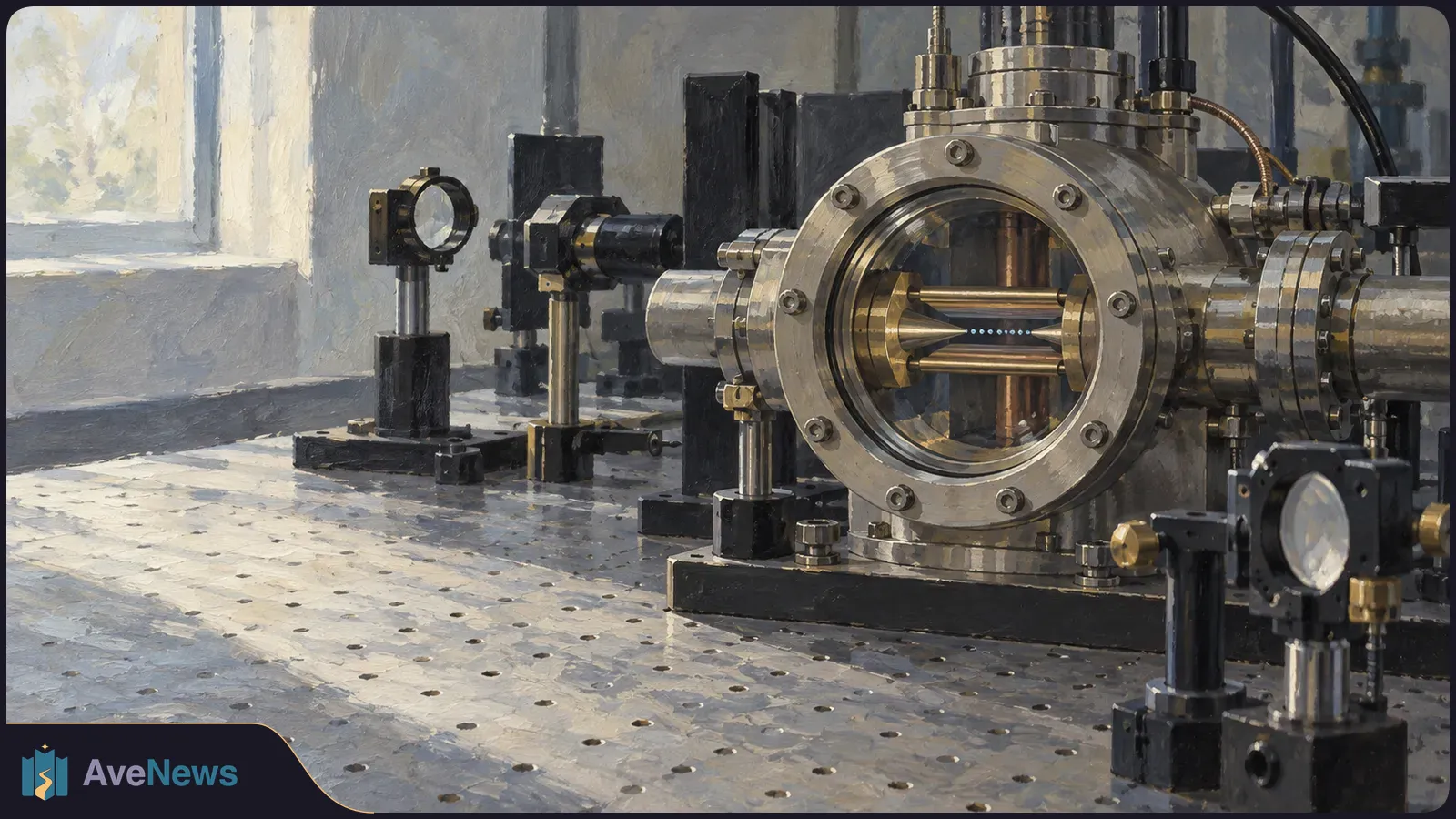 Painted laboratory scene with a large metal vacuum chamber and optical components on a perforated table; tiny blue points appear between two tips inside the chamber. SI illustration