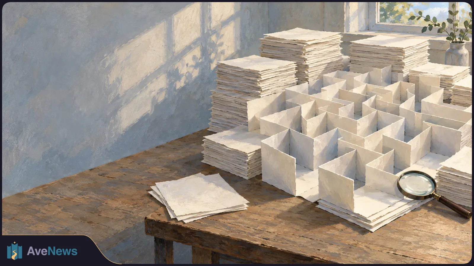 Stacks of blank papers surround a maze of folded sheets on a sunlit wooden table, with a magnifying glass at the edge. SI illustration