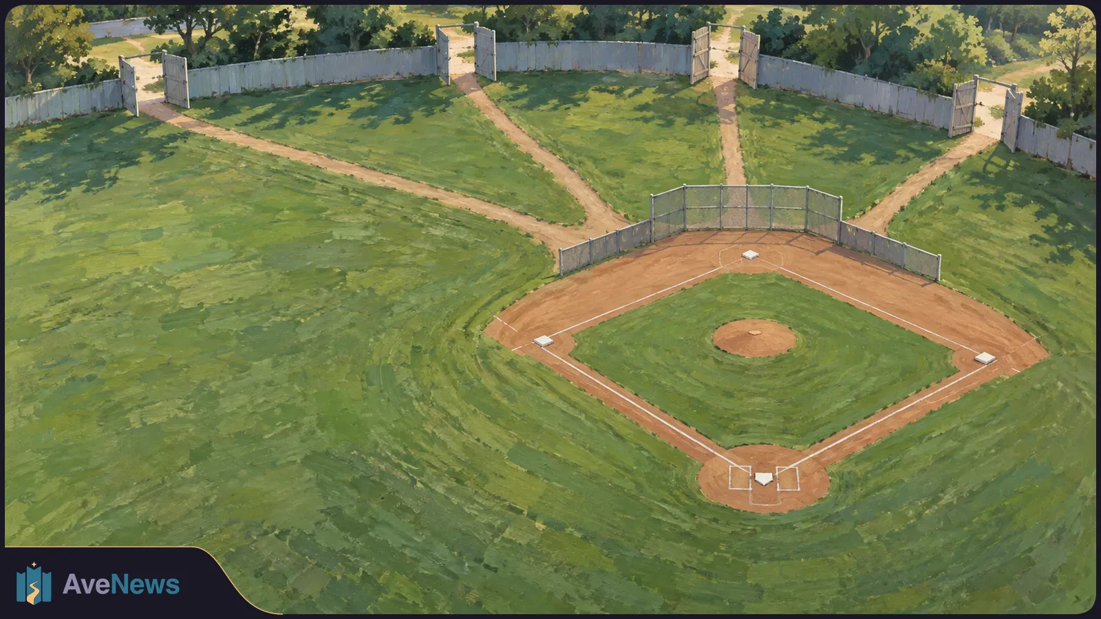Illustrated aerial view of an empty baseball diamond, with four open gates in the outfield fence and paths leading toward the field. SI illustration
