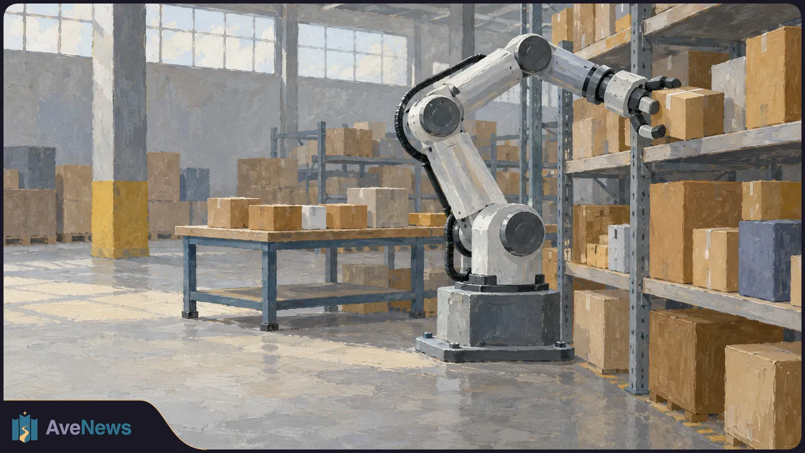 Painted warehouse scene with a robotic arm gripping a cardboard box beside shelves stacked with parcels. SI illustration