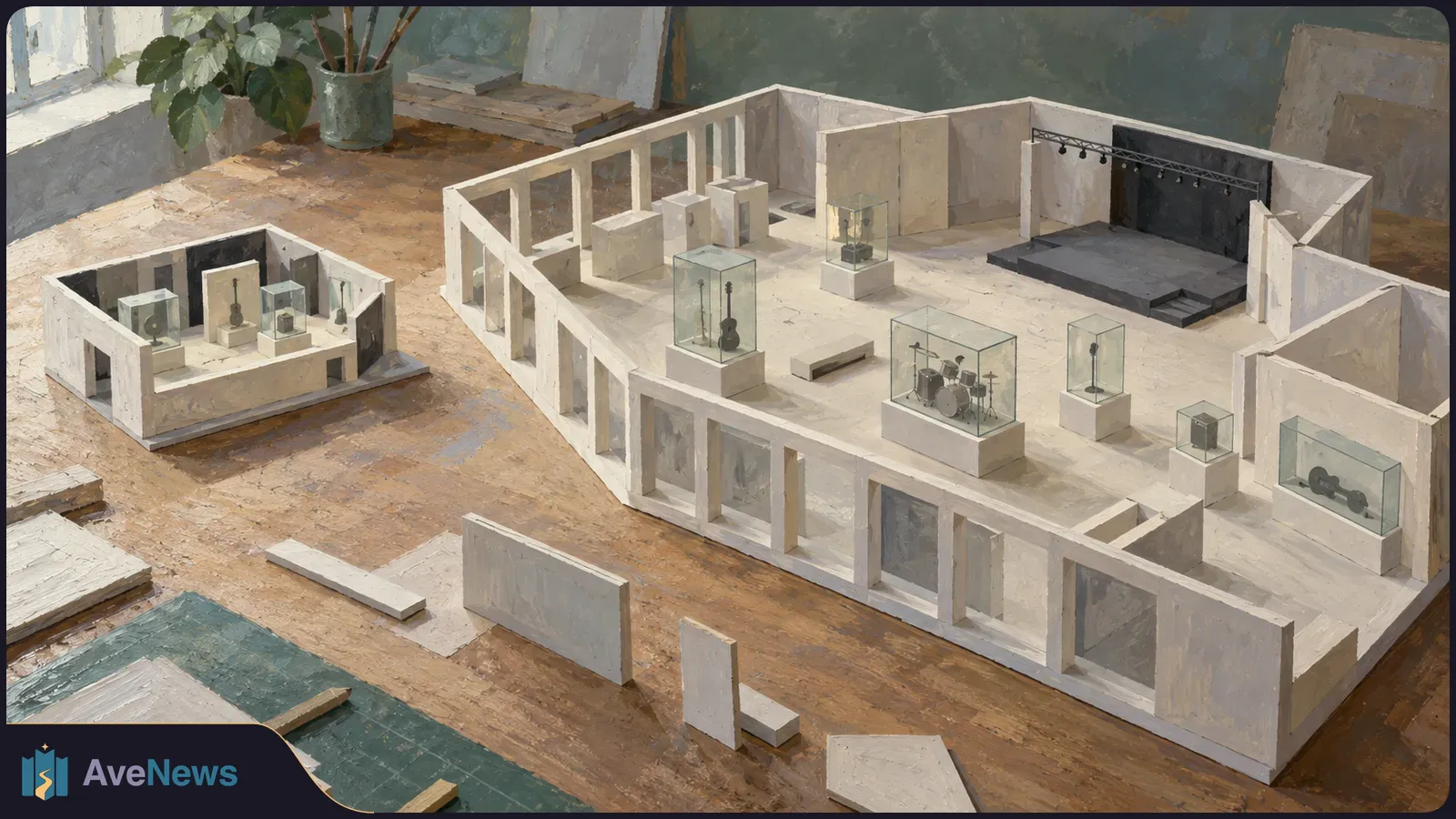 Painted scene of two architectural models on a worktable, with miniature instruments in glass cases and a stage inside the larger model. SI illustration