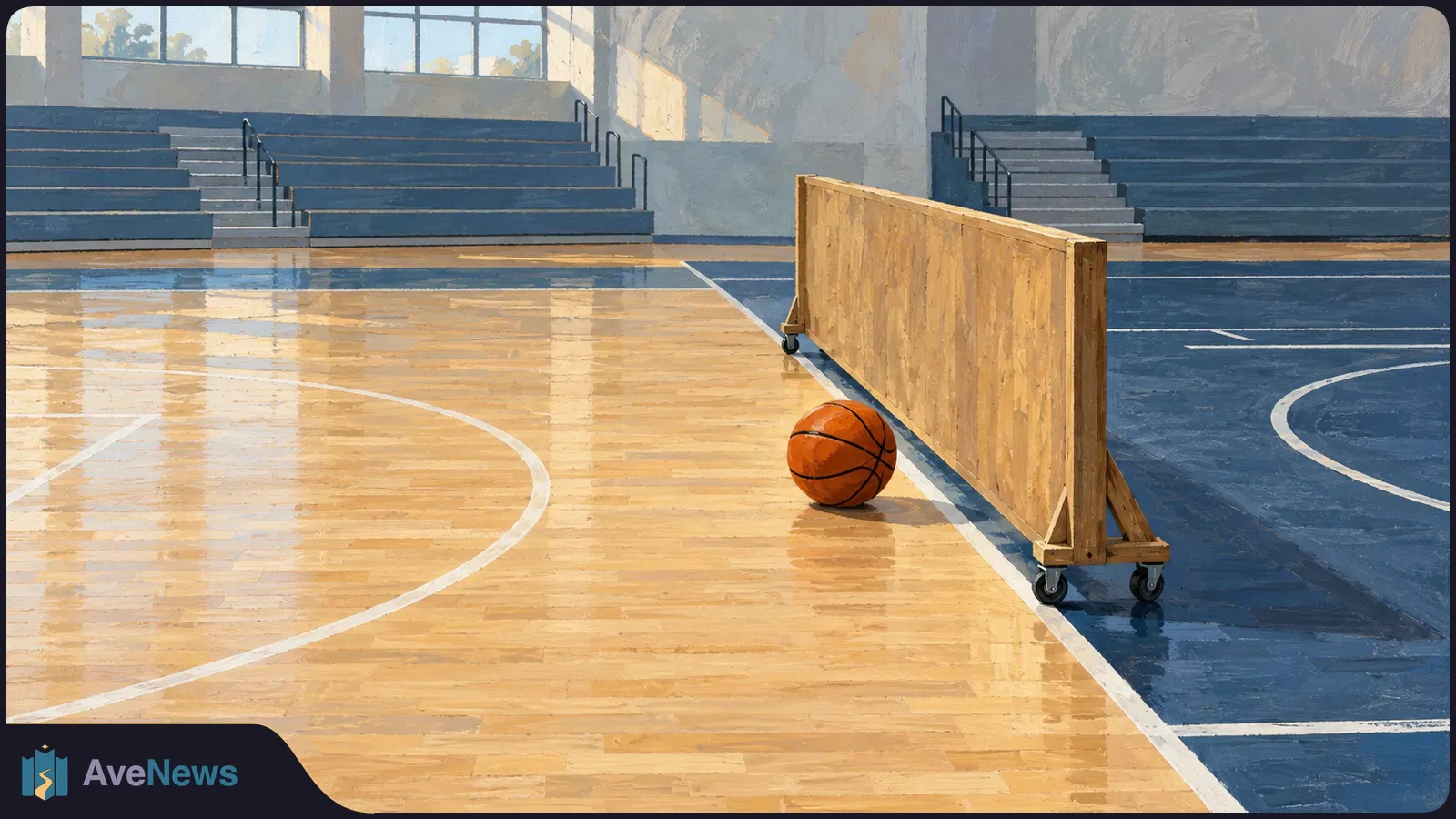 A basketball rests beside a wheeled wooden divider on an empty indoor court, with blue bleachers and sunlit windows behind it. SI illustration
