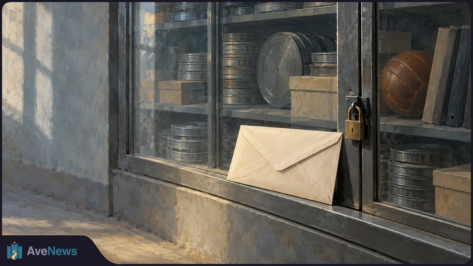 An envelope rests against a locked glass cabinet containing film reels, boxes, binders and a basketball. SI illustration