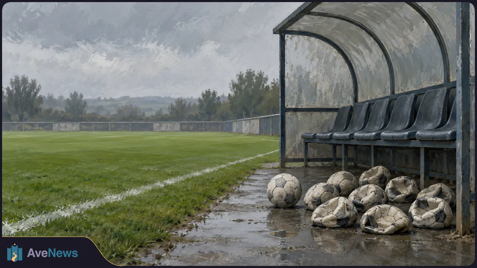 Beside an empty football pitch, one round ball and several deflated balls lie on wet pavement in front of a covered row of seats under a cloudy sky. SI illustration