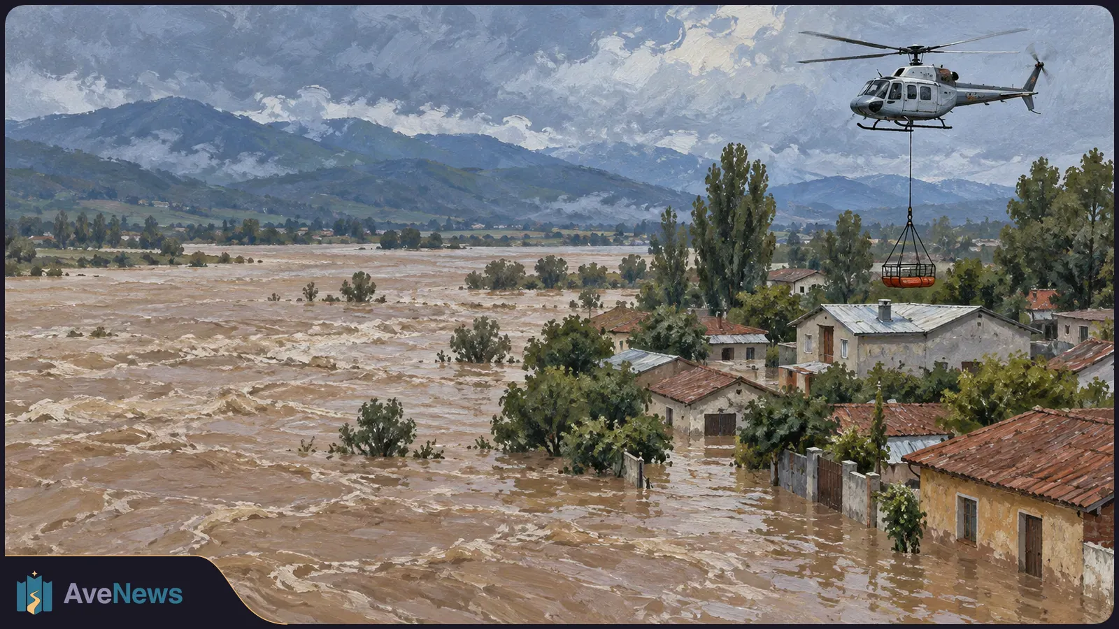 Painted scene of muddy floodwater surrounding houses and trees beneath storm clouds, with a helicopter carrying a suspended orange rescue basket overhead. SI illustration