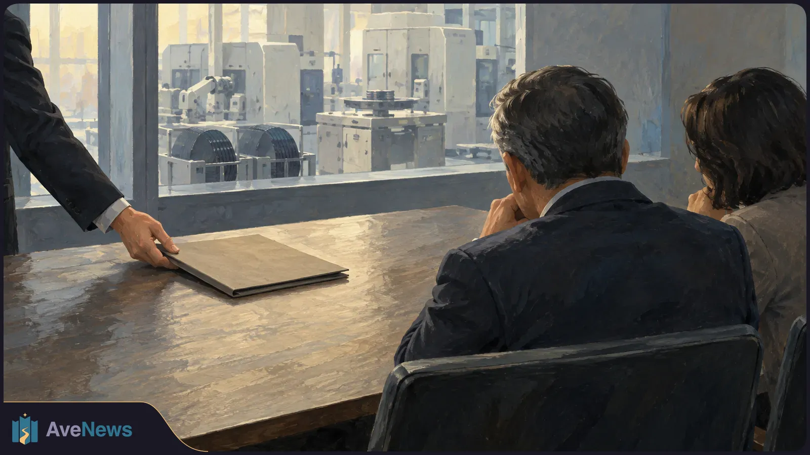 A person places a closed folder on a table before two seated people, with industrial machinery visible through a window behind them. SI illustration