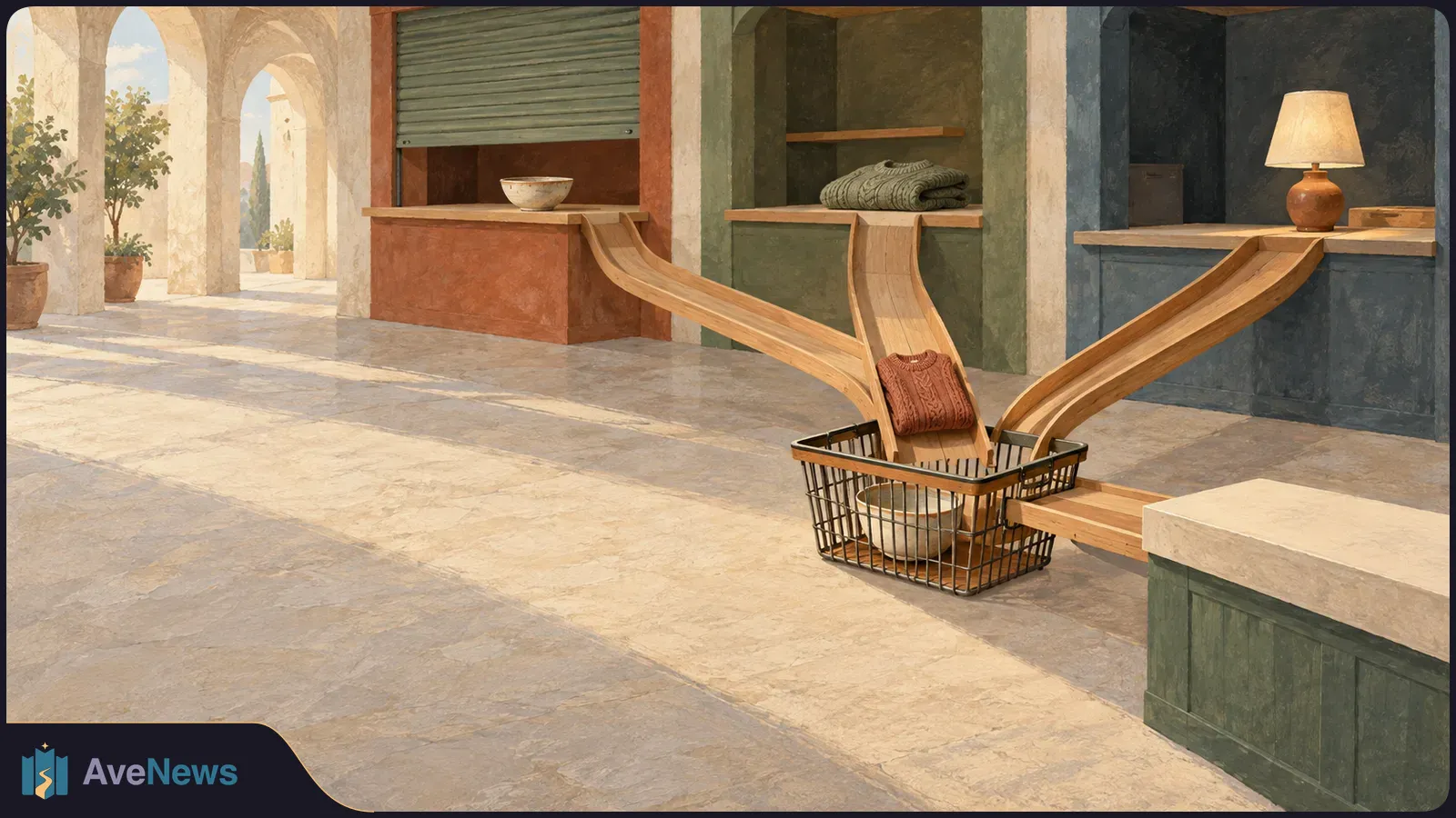 Illustration of three shop counters with wooden ramps leading into one shopping basket. A folded sweater and a bowl sit in the basket; arched walkways line the background. SI illustration