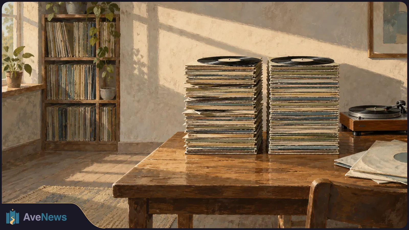 Two equally tall stacks of vinyl records sit on a wooden table beside a turntable, with more records on a shelf in a sunlit room. SI illustration