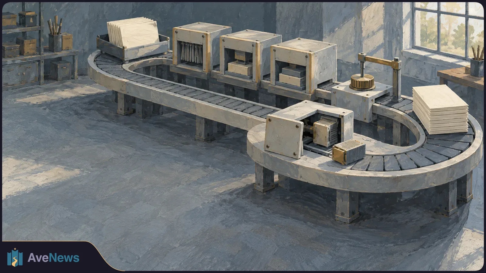 Painted workshop scene with a looping conveyor, stacks of blank paper and several boxy machines along the belt. SI illustration