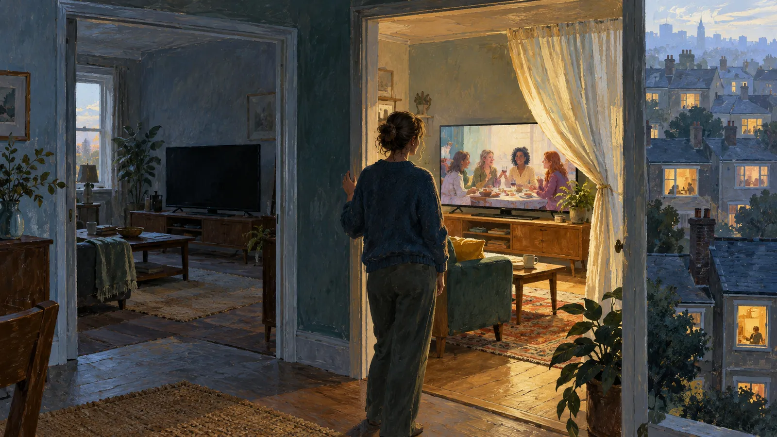 A woman stands between two living rooms at dusk. One TV is dark; the other shows four women seated around a dining table. Lit houses and a distant skyline are visible outside. SI illustration