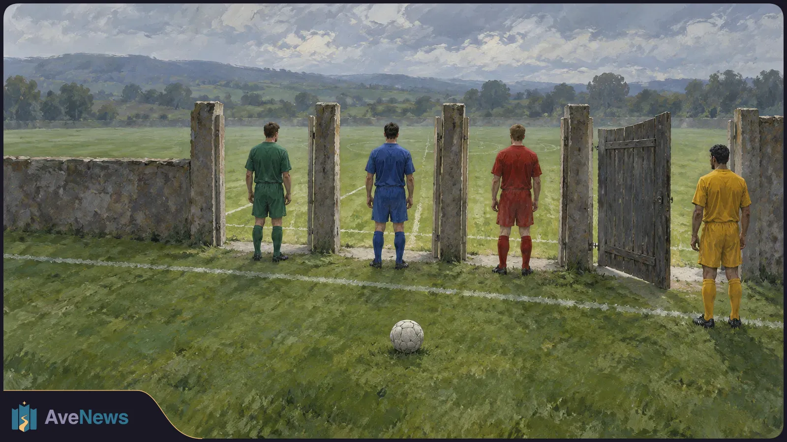 Painted scene of four football players in green, blue, red and yellow kits standing by stone posts and a wooden gate, facing a grassy pitch. A ball lies in the foreground. SI illustration