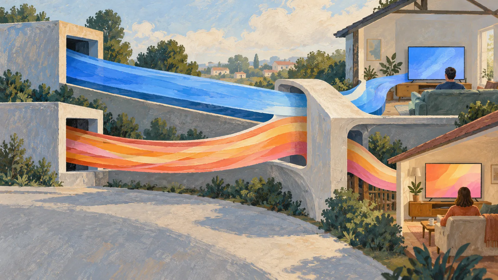 A painted scene shows blue and orange ribbons flowing through concrete structures toward two homes, where people sit facing matching television screens. SI illustration