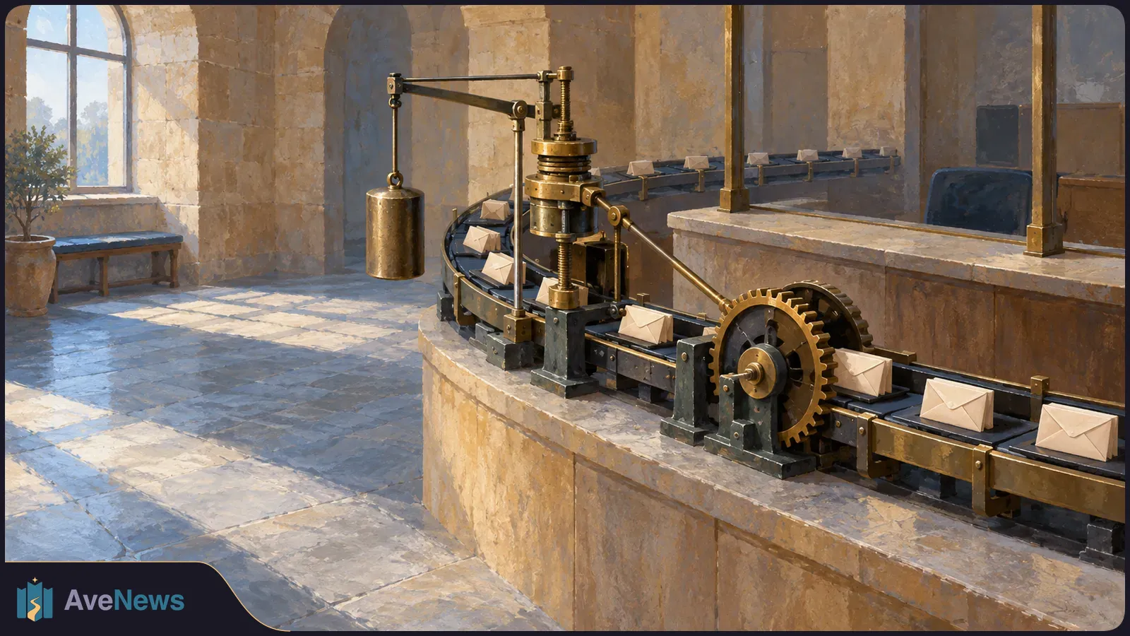 A brass-geared conveyor carries sealed envelopes around a stone counter in a sunlit arched room. SI illustration