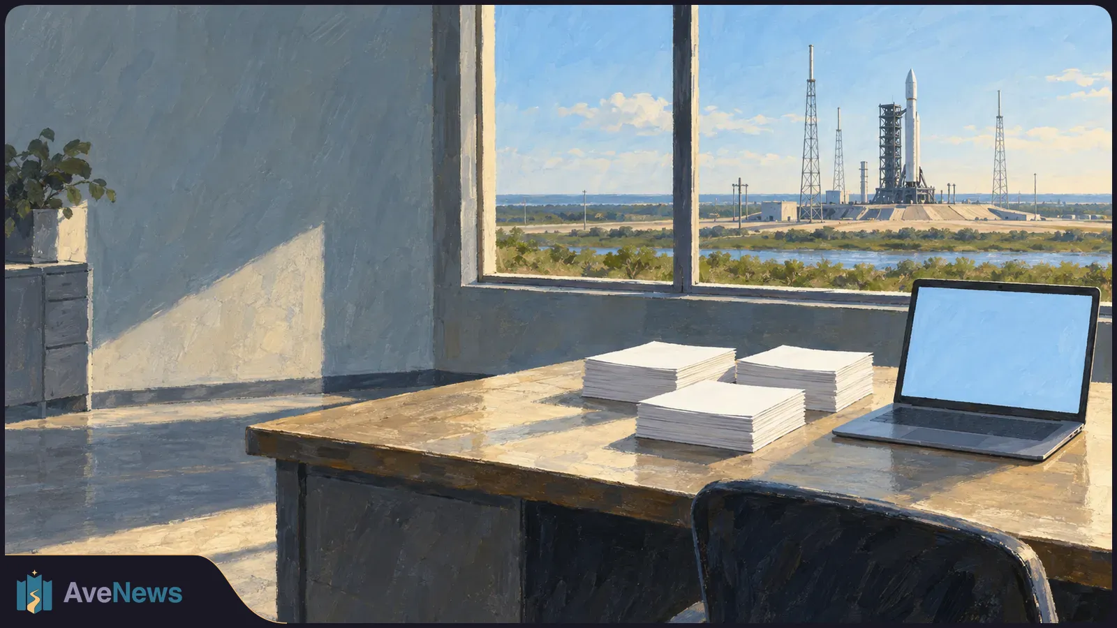 Painted office scene with stacks of blank paper and a laptop showing a blue screen on a desk; a rocket stands on a launchpad outside the window. SI illustration