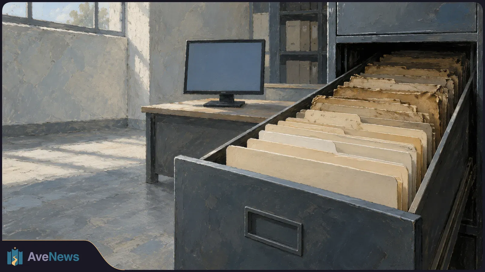 A painted archive room with an open filing drawer full of worn folders and a blank monitor on a desk behind it. SI illustration