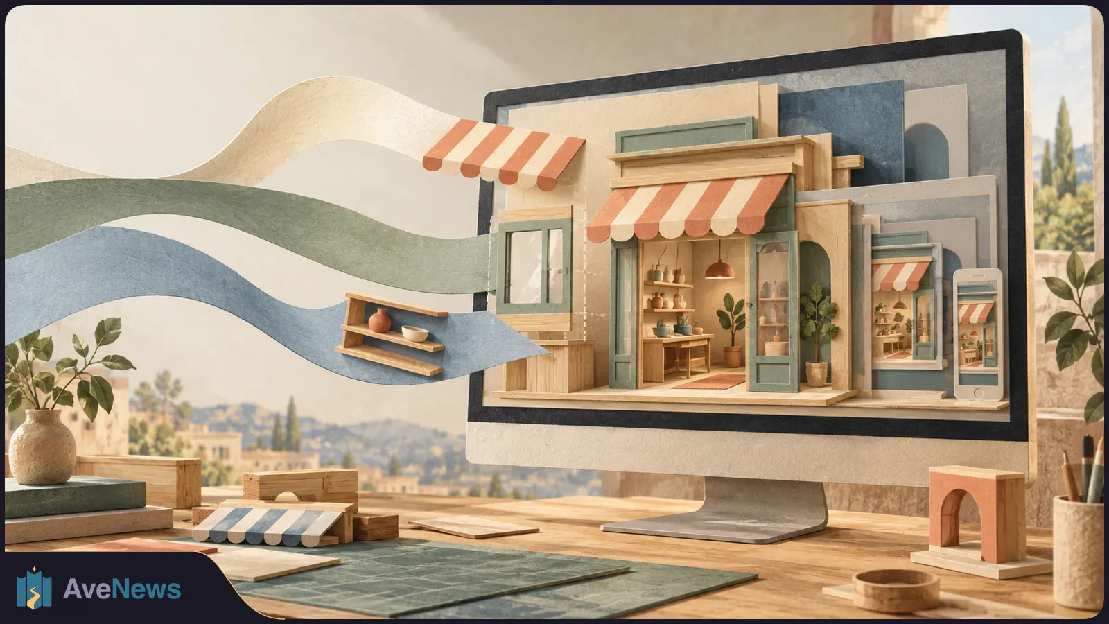 A papercraft storefront with striped awnings extends from a desktop monitor, alongside smaller storefront previews and a phone on a wooden worktable. SI illustration
