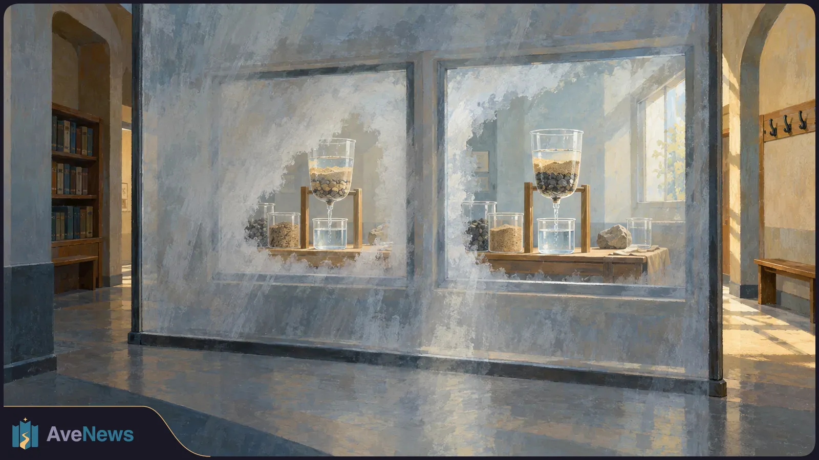 Painted hallway with two windows showing glass vessels filled with layers of sand and stones above beakers, with smaller jars nearby. SI illustration