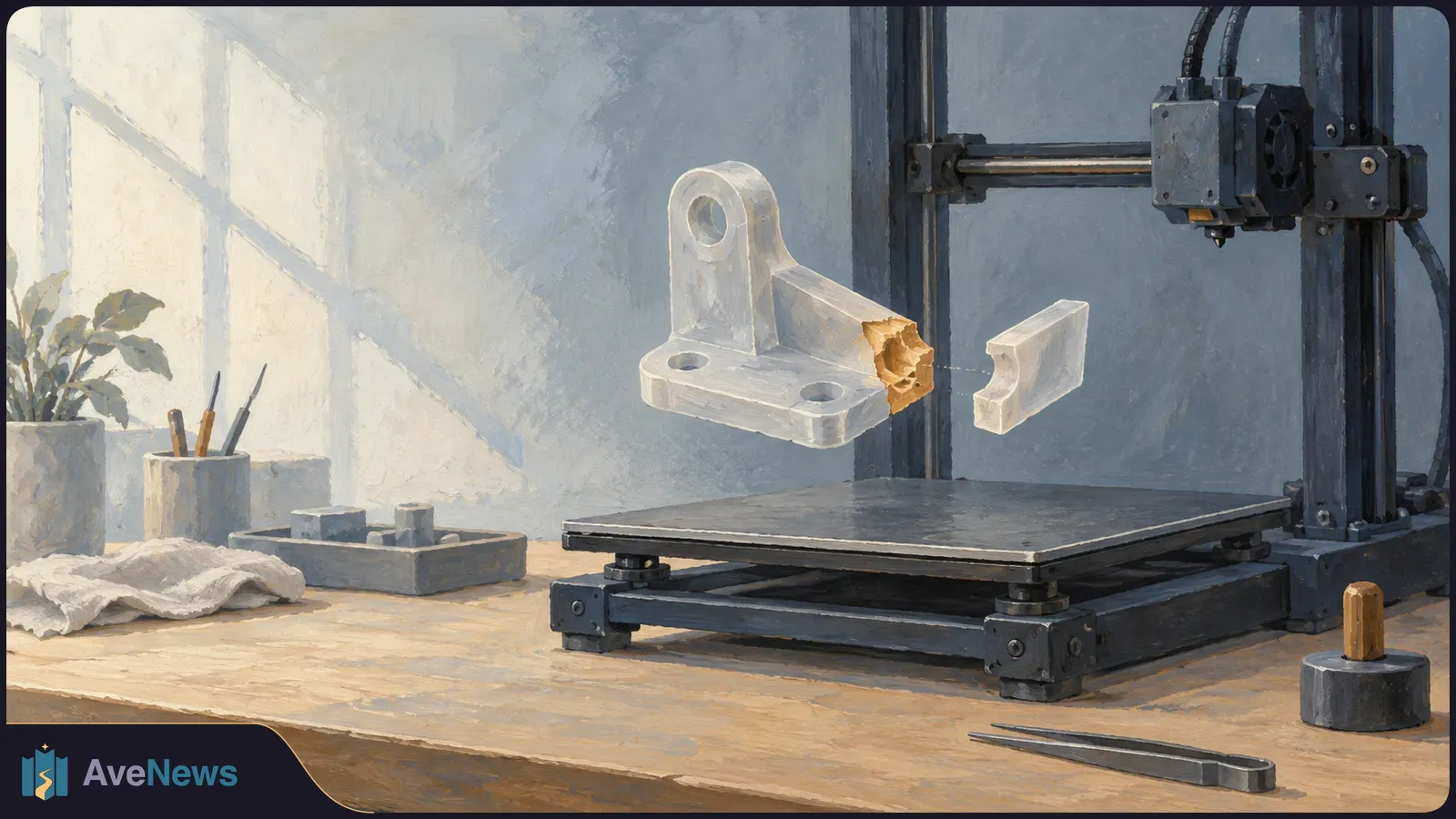 Painted workshop scene with a 3D printer beside a floating white bracket; a damaged section and a separate replacement piece are visible. SI illustration