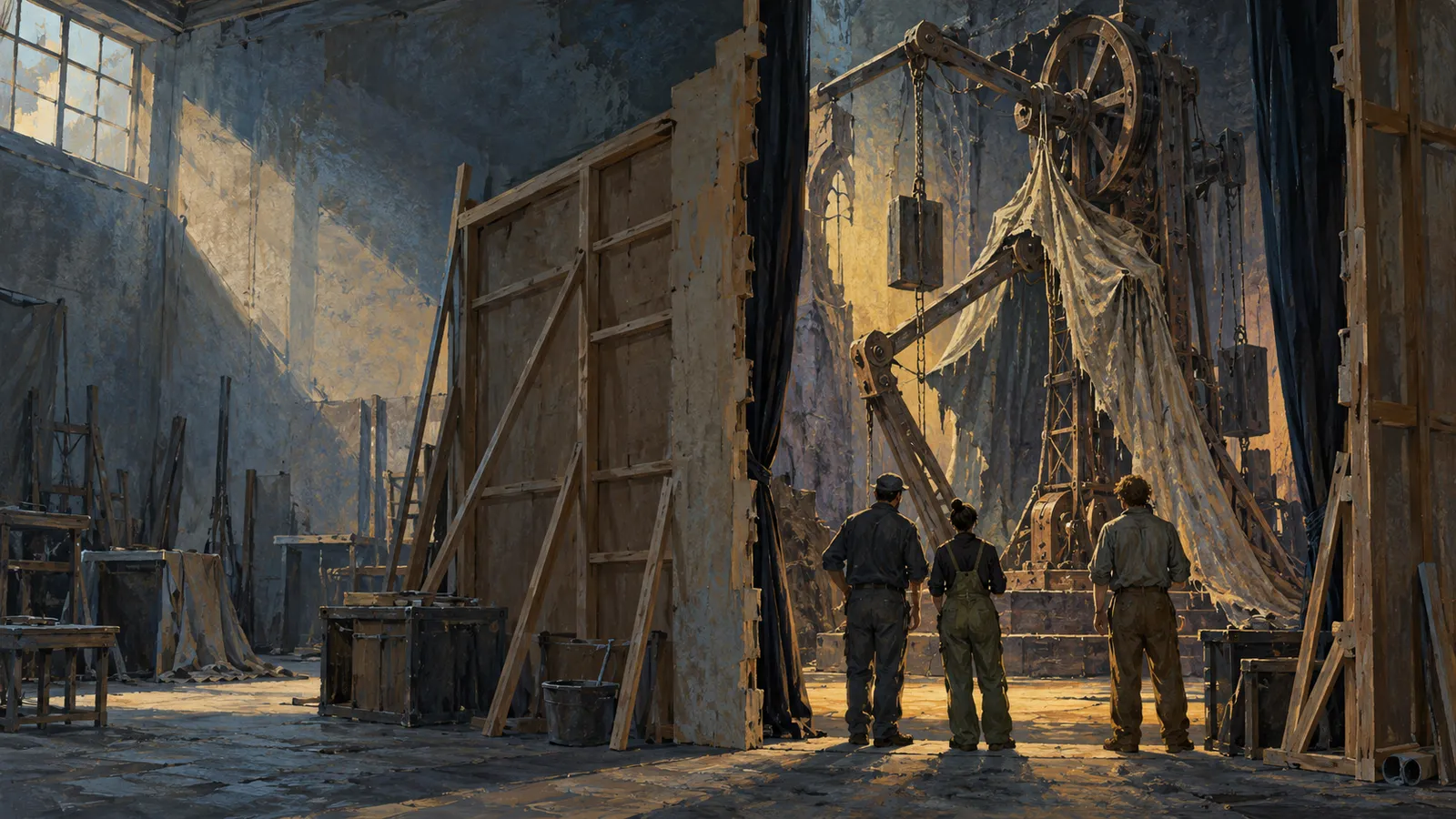 Three people stand with their backs to the viewer, facing a large, cloth-draped machine with wheels and chains in a dim workshop. SI illustration