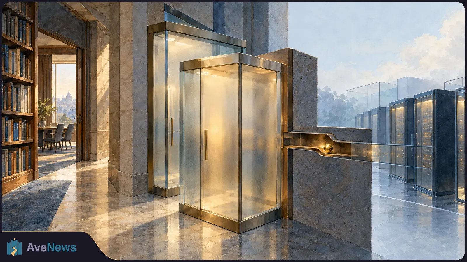 Glowing glass entry booths stand in a stone hall, with bookshelves on the left and rows of server cabinets on the right. SI illustration
