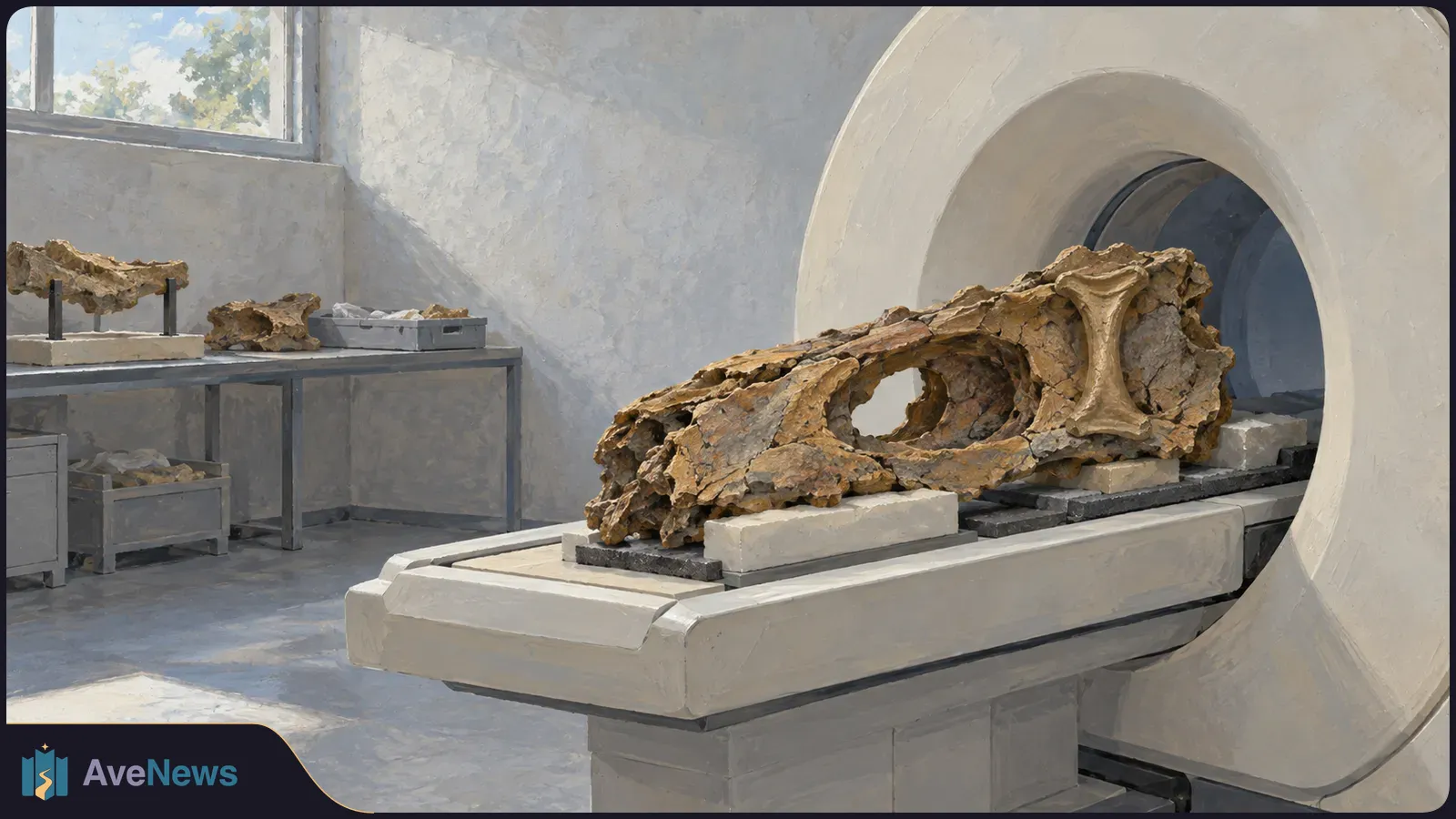 A large brown fossil bone fragment rests on the bed of a white CT scanner. Smaller fossil pieces sit on a table beside a sunlit window. SI illustration