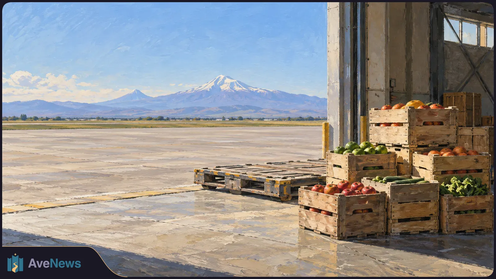 Wooden crates of fruit and vegetables stand beside an airport loading bay. An empty apron stretches toward two snow-capped mountain peaks. SI illustration