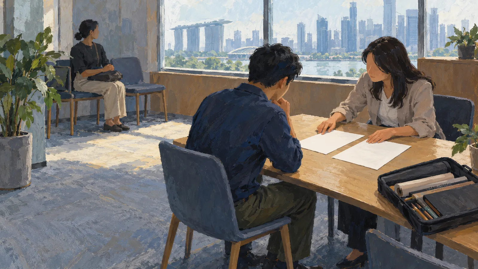 A painted office scene shows two people seated across a table with blank papers, while a third sits by the window overlooking a waterfront skyline. SI illustration