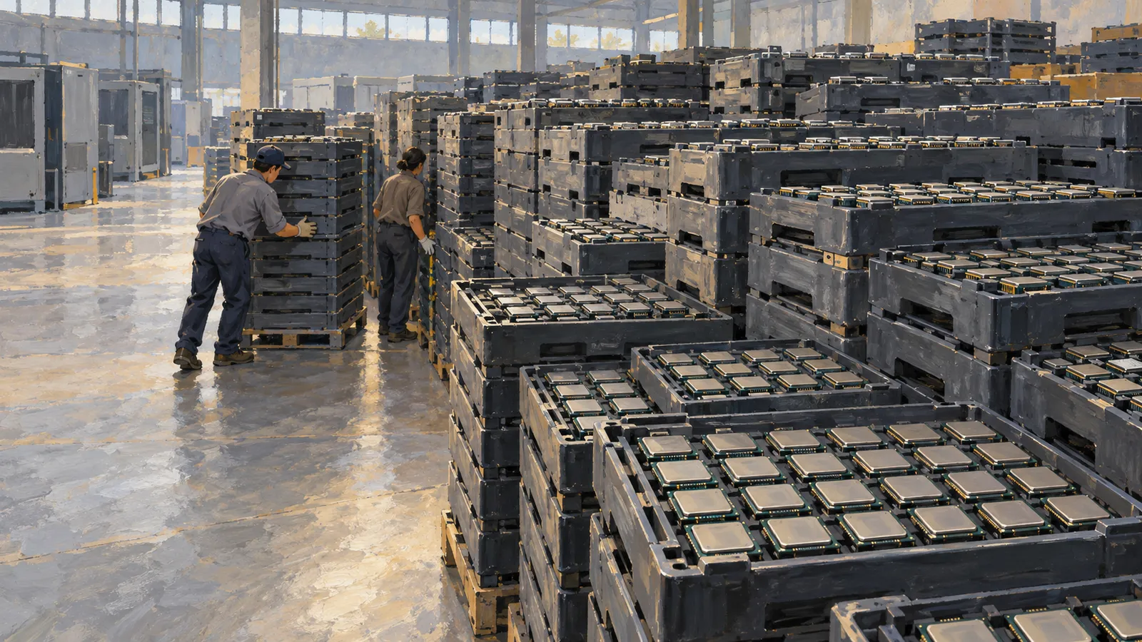 Two workers stand among stacks of dark crates filled with computer chips in a large, sunlit warehouse. SI illustration