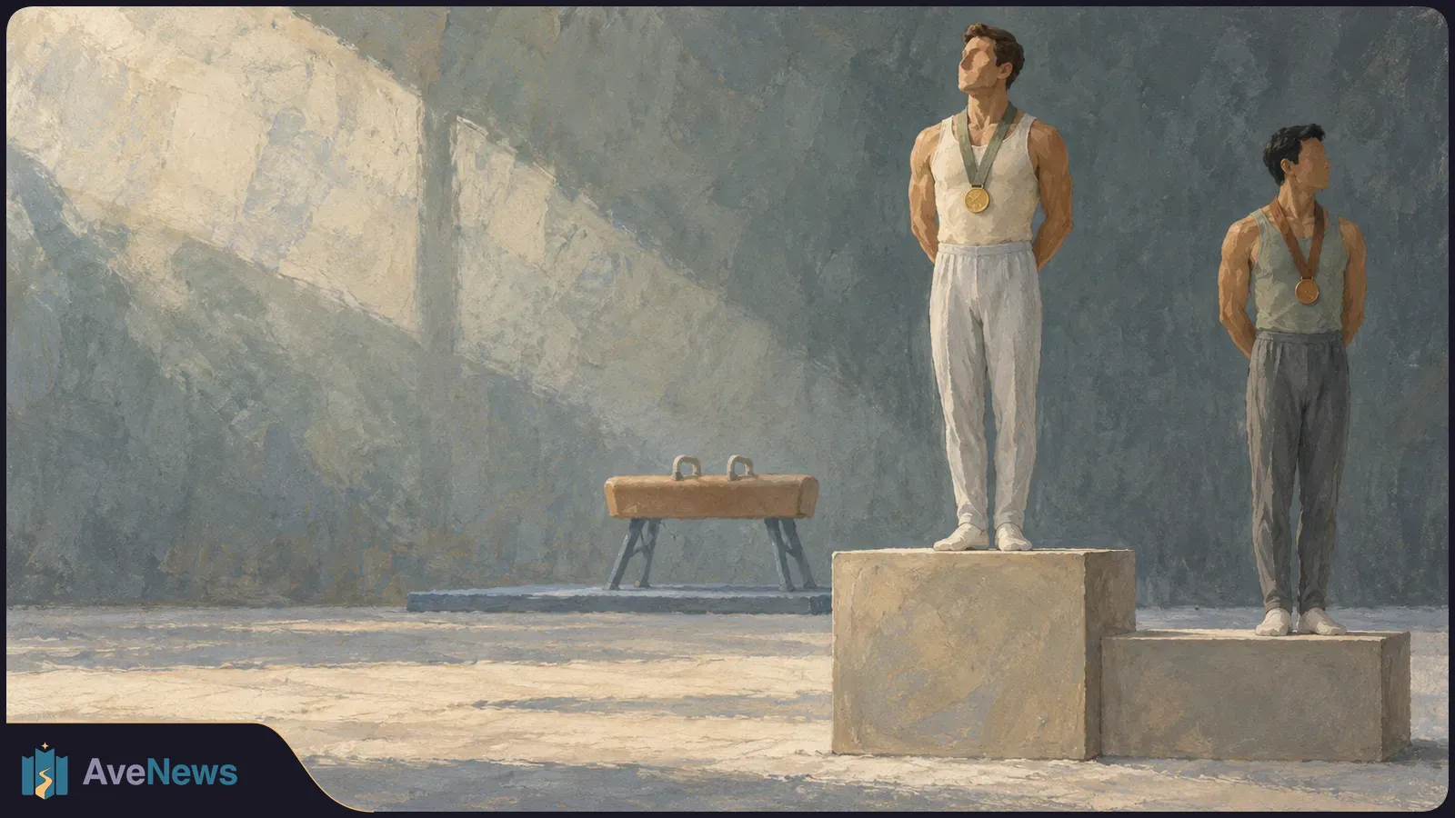 Illustration of two gymnasts wearing medals on podium blocks, with a pommel horse behind them in a sunlit gym. SI illustration