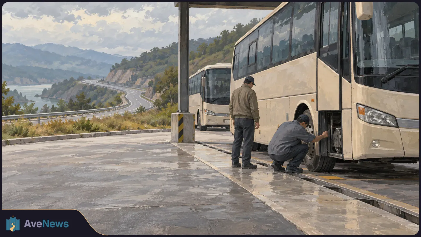 Two people stand beside a parked bus; one crouches to examine an open panel near its front wheel. Another bus and a winding mountain road are in the background. SI illustration