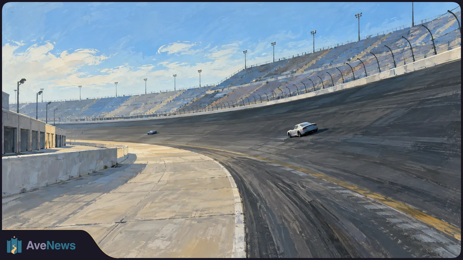 Painterly illustration of a white coupe and a smaller distant car on a steeply banked racetrack, with empty grandstands under a blue sky. SI illustration