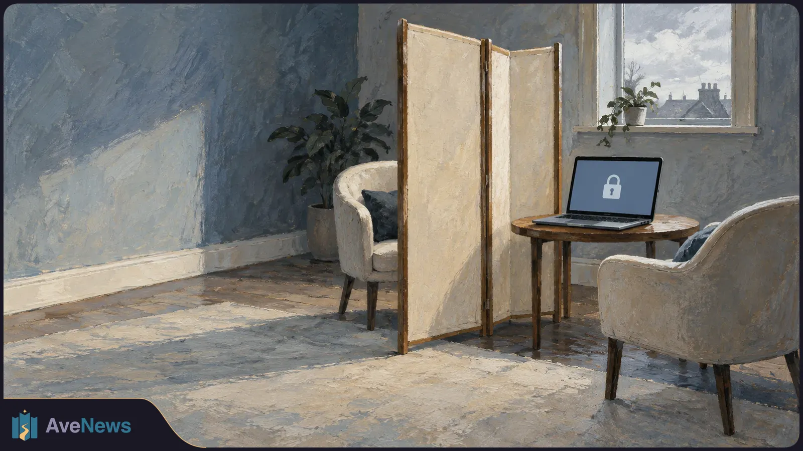 Painted room with two armchairs separated by a folding screen; a laptop on a small table displays a padlock symbol. SI illustration
