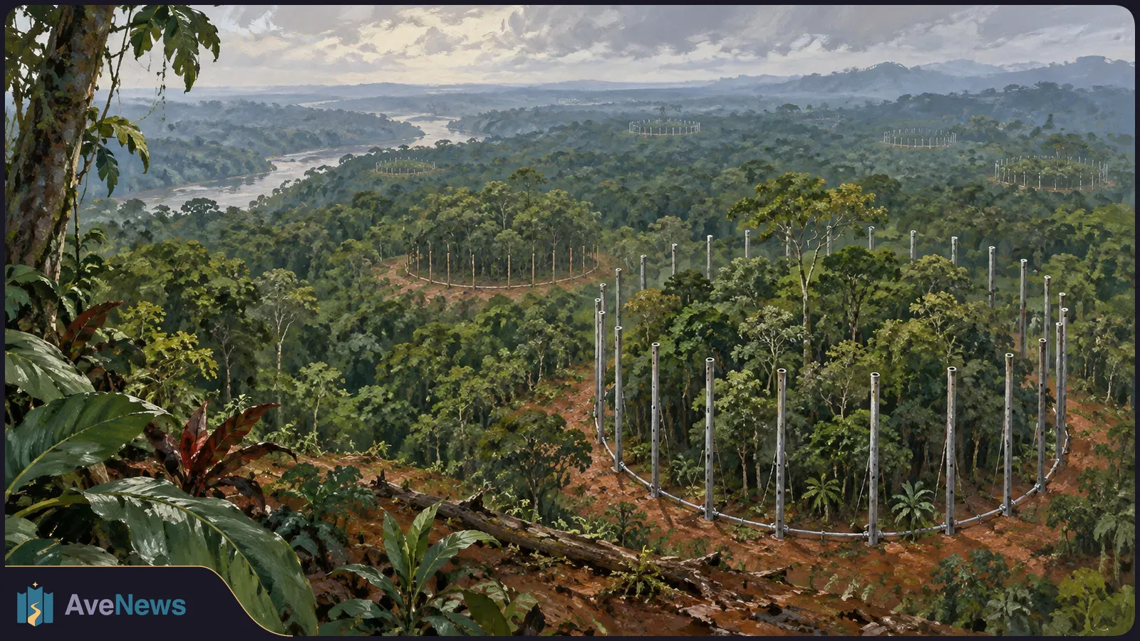 Illustrated rainforest with a winding river and several circular arrays of tall pipes surrounding groups of trees. SI illustration