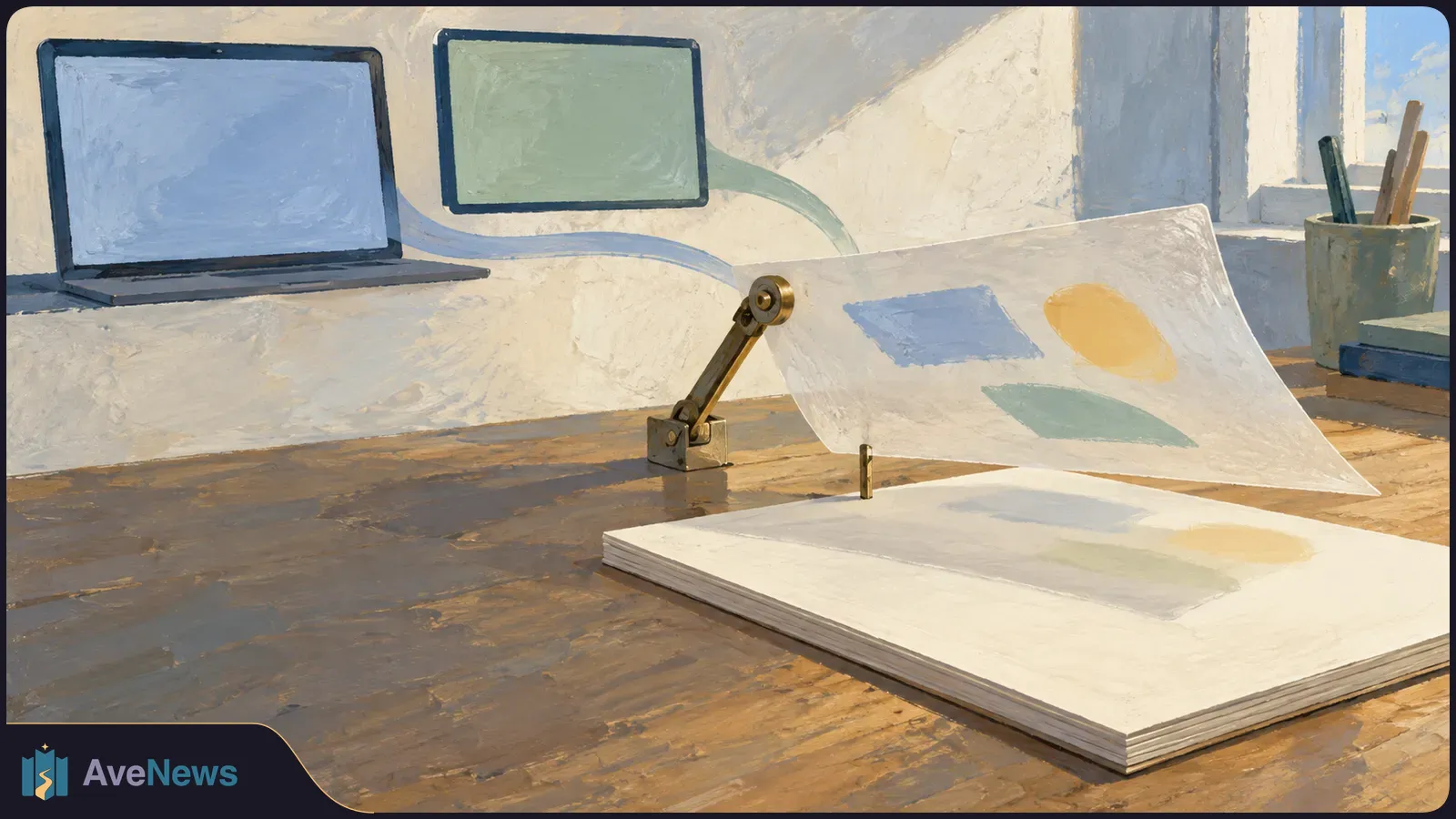 Painted scene of a laptop and blank screen connected to a floating sheet of colored shapes, with a faint version of the shapes on the page below. SI illustration