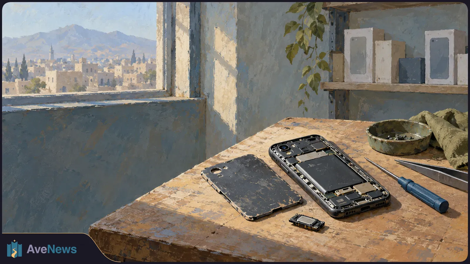 An illustrated workbench holds an opened phone, its back cover, a small component and repair tools. Boxes sit on a shelf beside a window overlooking a city and mountains. SI illustration
