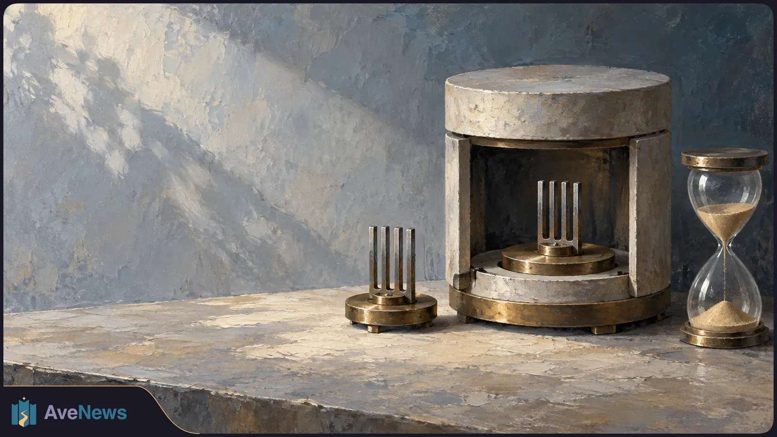 Painted scene of a cylindrical chamber holding a four-pronged metal object, with a similar object and an hourglass on the stone table beside it. SI illustration