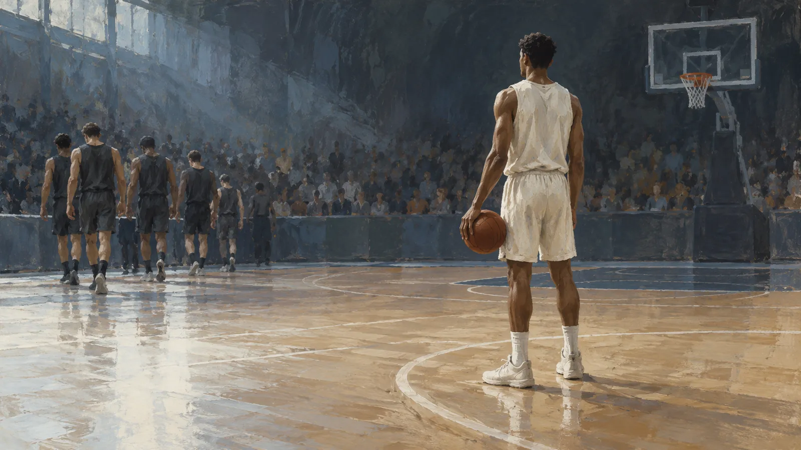 Illustration of a basketball player in white holding a ball on an indoor court, while players in dark uniforms walk away beneath a crowd and a hoop. SI illustration