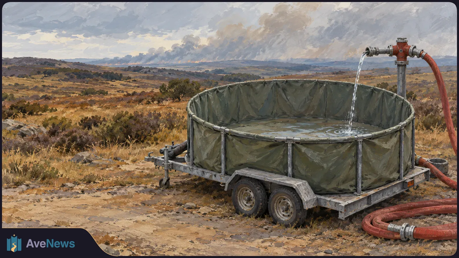 A painted scene of water flowing from a pipe into a large portable tank on a trailer, with red hoses on the ground and smoke rising over distant hills. SI illustration