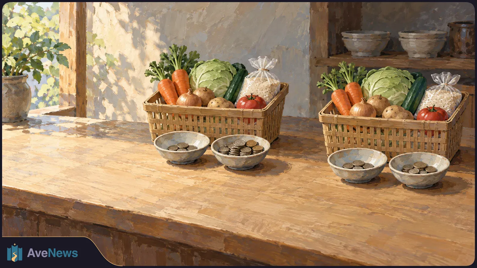 A painterly scene of two wicker baskets filled with vegetables and bags of grain on a wooden counter, with small bowls of coins in front of each. SI illustration